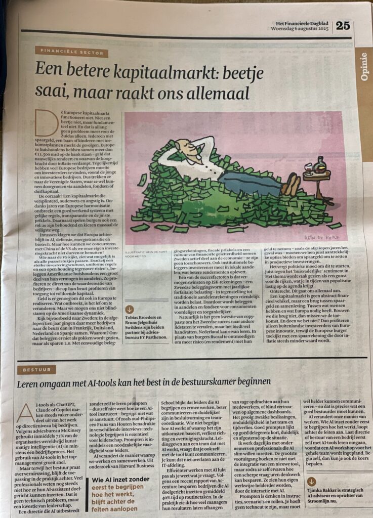 Foto van het FD-artikel “Leren omgaan met AI-tools kan het beste in de bestuurskamer beginnen” van AI-strateeg Tjimka Bakker, gepubliceerd op 5 augustus 2025. De opiniebijdrage benadrukt dat leiders zelf moeten leren werken met AI om richting te kunnen geven aan innovatie.