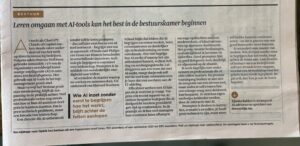 Foto van het FD-artikel “Leren omgaan met AI-tools kan het beste in de bestuurskamer beginnen” van AI-strateeg Tjimka Bakker, gepubliceerd op 5 augustus 2025. De opiniebijdrage benadrukt dat leiders zelf moeten leren werken met AI om richting te kunnen geven aan innovatie.