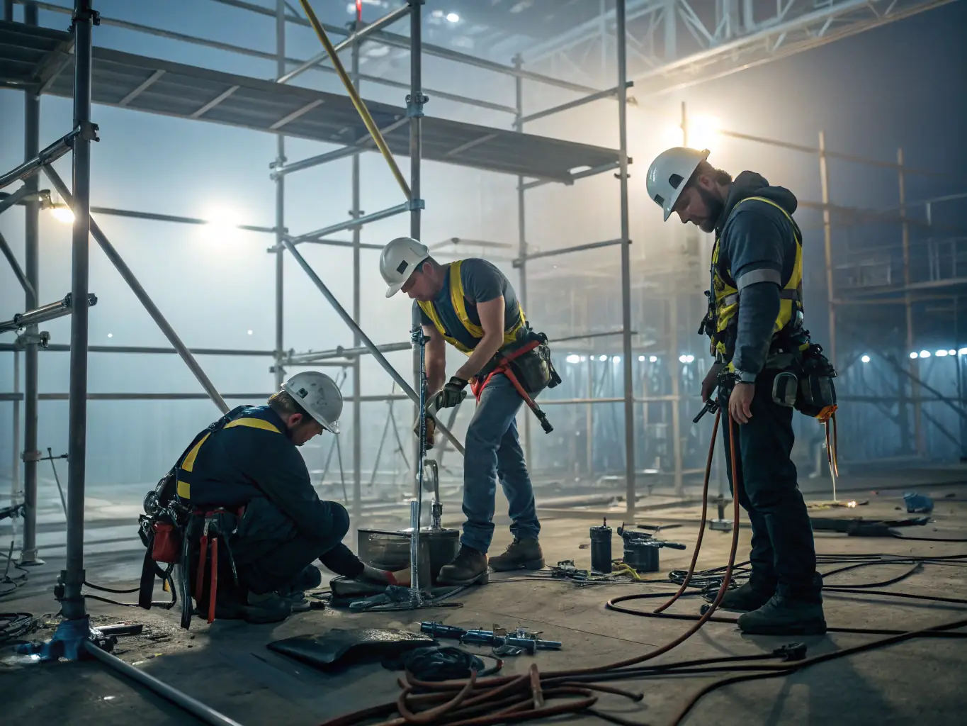 A photograph depicting a construction team working on a complex system, symbolizing the 'Build & Implement' route. The image should convey precision, expertise, and a hands-on approach to creating tailored AI solutions.