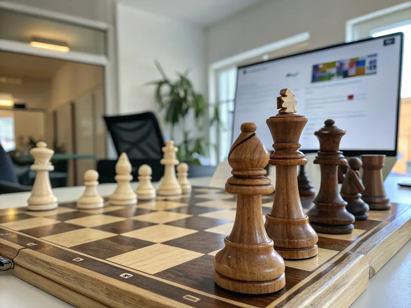 A chess board with AI-powered pieces strategically positioned, representing the competitive advantage gained through STROOMLIJN AI training.