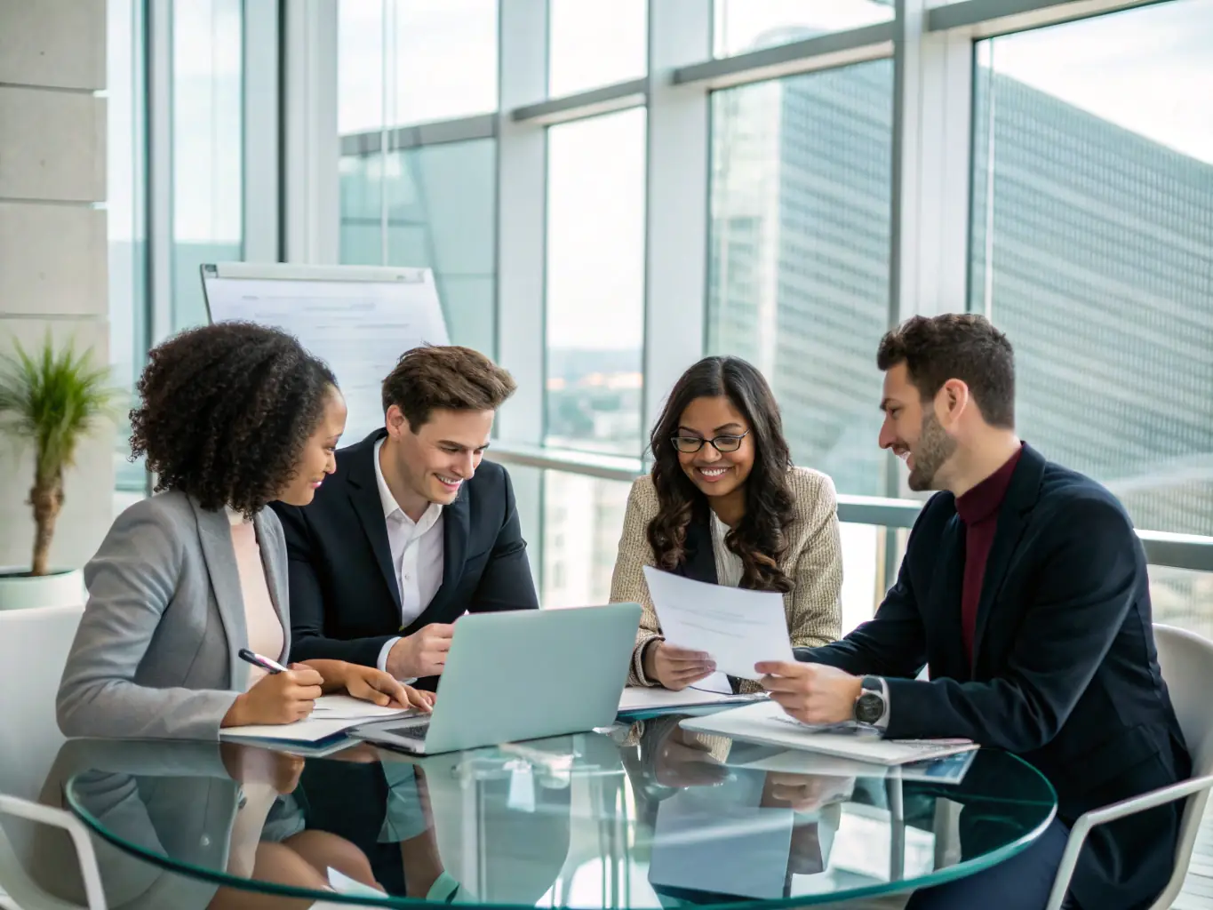 A diverse team of professionals collaborating around a table, deeply engaged in a STROOMLIJN AI training session, showcasing the interactive and collaborative nature of the training.